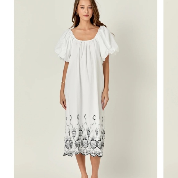 ⭐️NWT English Factory Embroidered Puffed Sleeve Midi Dress⭐️ - Picture 1 of 7